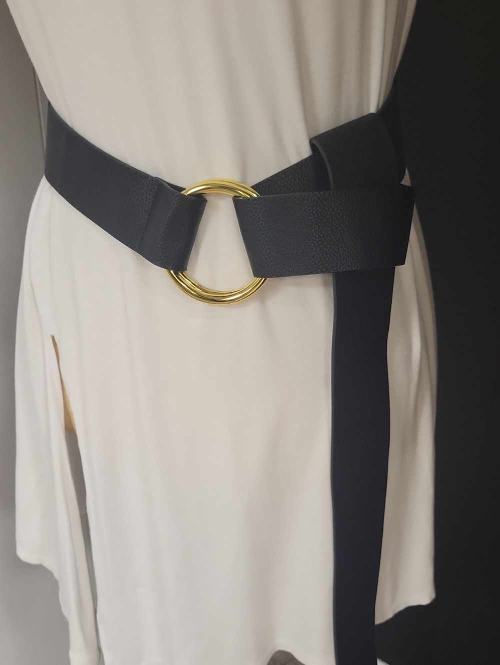 Vegan Pebble Leather Black Waist Belt with Gold Ring Buckle, Adjustable
